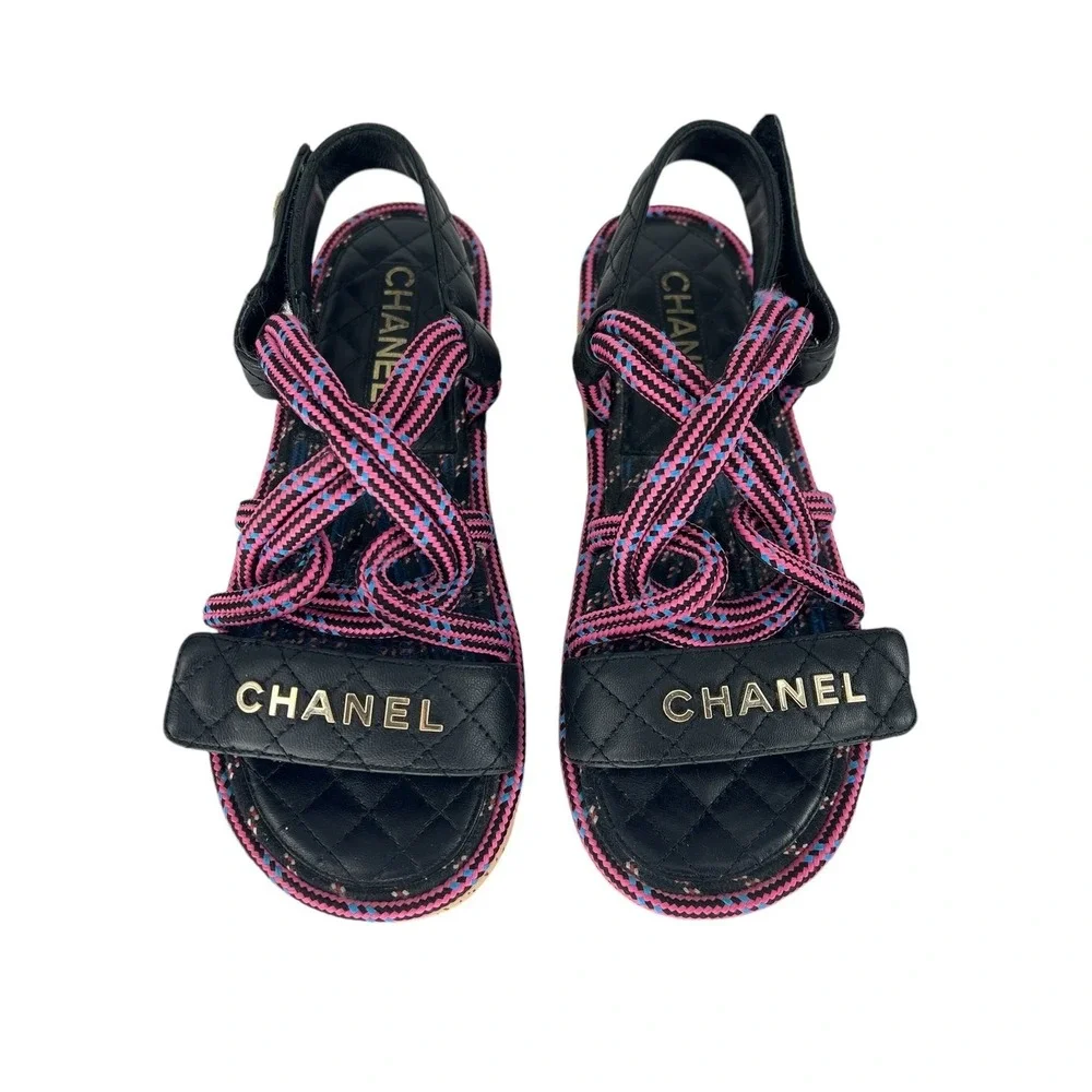 Chanel 2020 Cord Lambskin Quilted Logo Sandals Pink Black Size 38